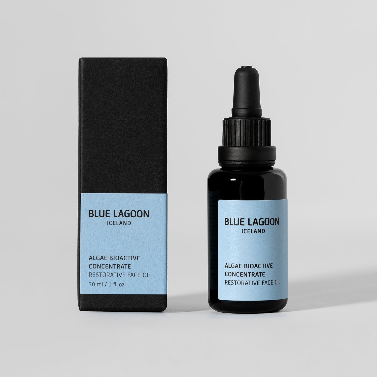 Algae Bioactive Concentrate Face Oil bottle next to product box on neutral background