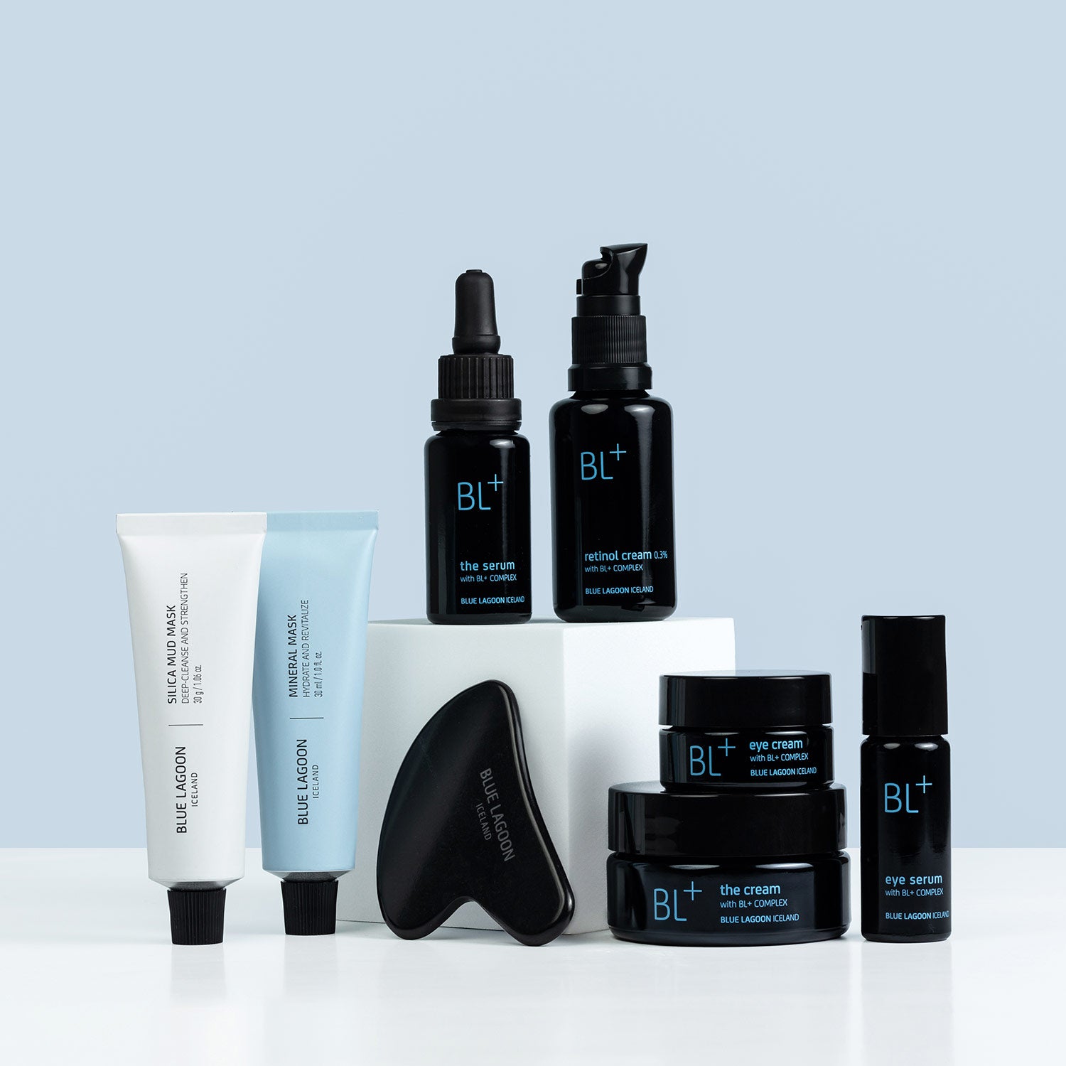 Ultimate Indulgence Set showing Blue Lagoon Skincare products arranged on a light blue background