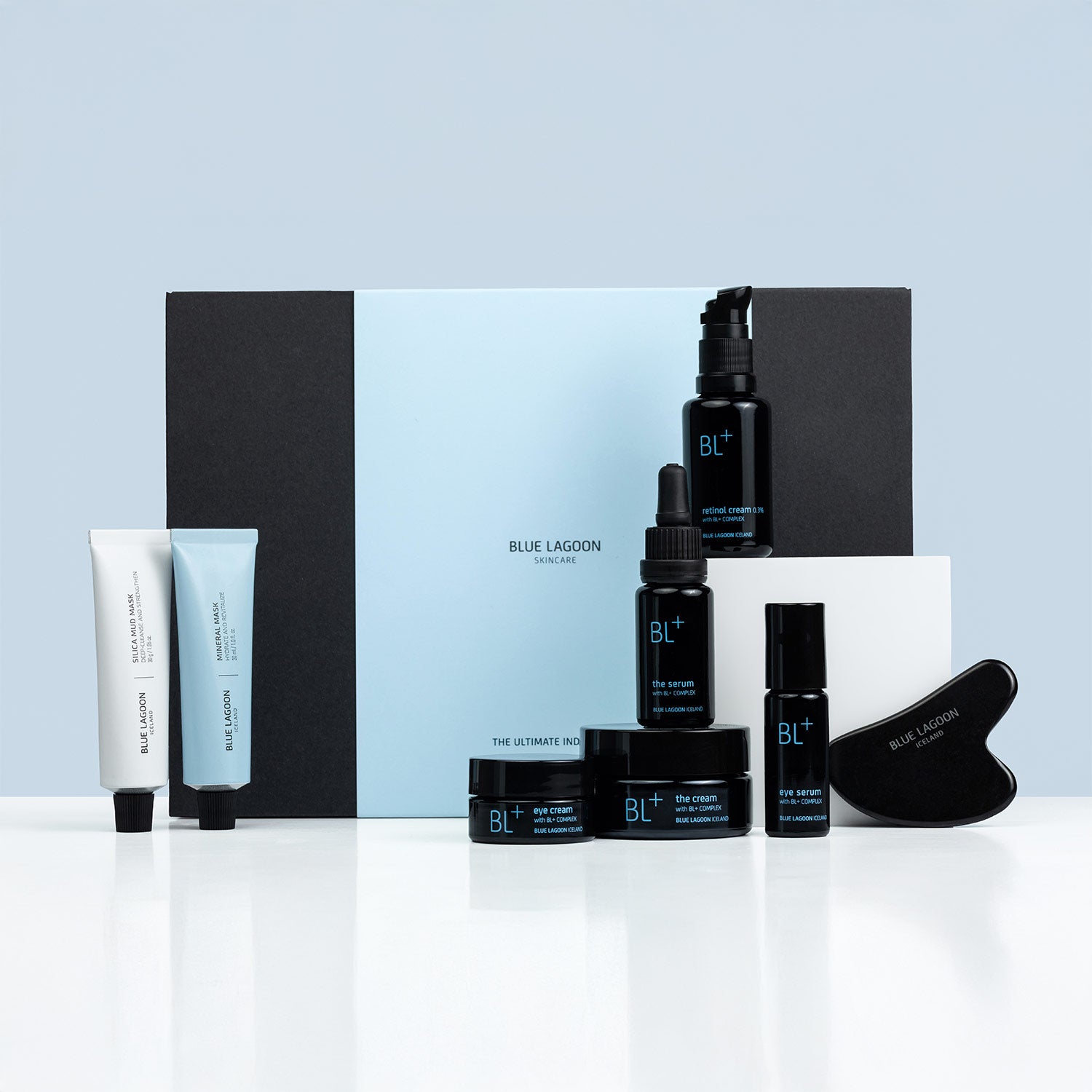 Ultimate Indulgence Set showing Blue Lagoon Skincare products and gift box on a light blue background