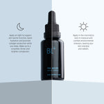 BL+ The Serum with BL+ COMPLEX in black glass bottle next to light blue product box