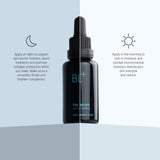 BL+ The Serum with BL+ COMPLEX in black glass bottle next to light blue product box