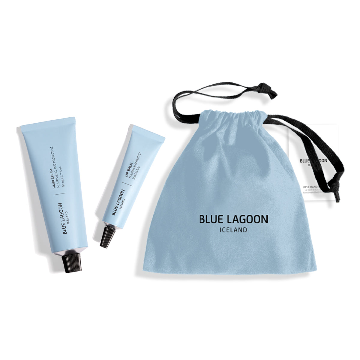 Lip and Hand Care set with hand cream, lip balm, and light blue cosmetic bag on a white background